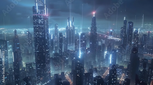 Glowing 6G Network Beams in Futuristic Cityscape with Illuminated Skyscrapers