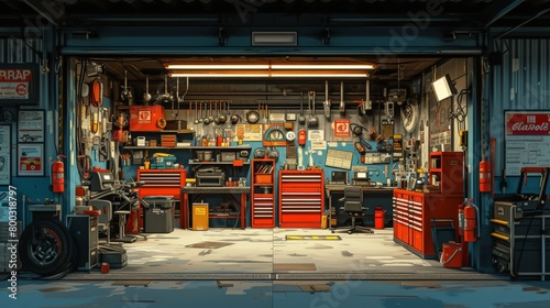 Stylized digital painting of a service center mechanics in action