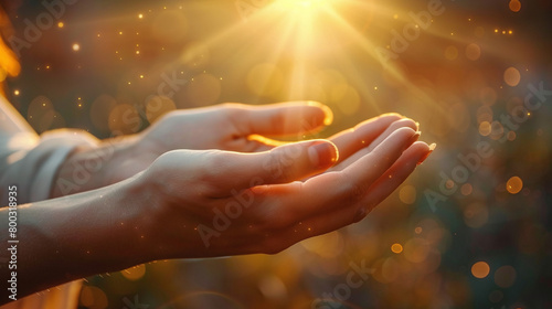 close-up of female hands being illuminated from heaven, the power of praying, receiving blessings and miracles, faith in jesus christ
