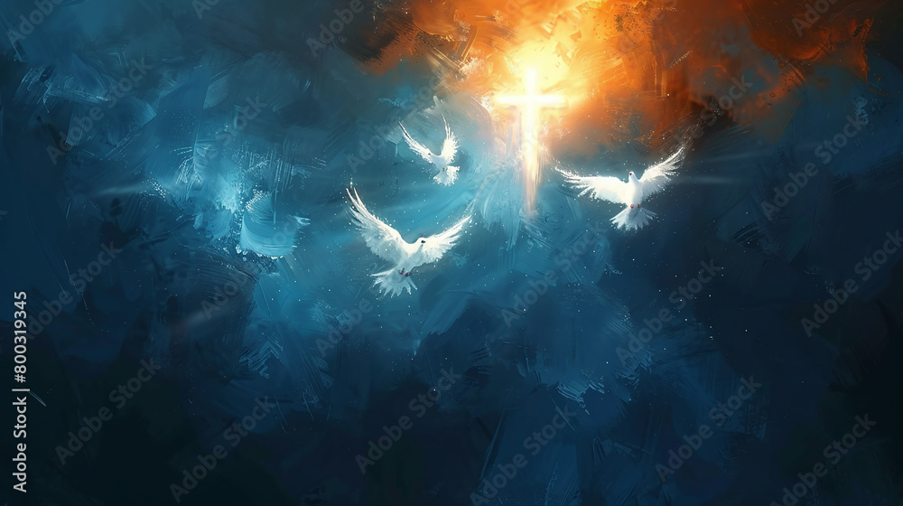oil painting style illustration of a heavenly lit christian cross among clouds and doves, faith in jesus, space for text, blue color palette