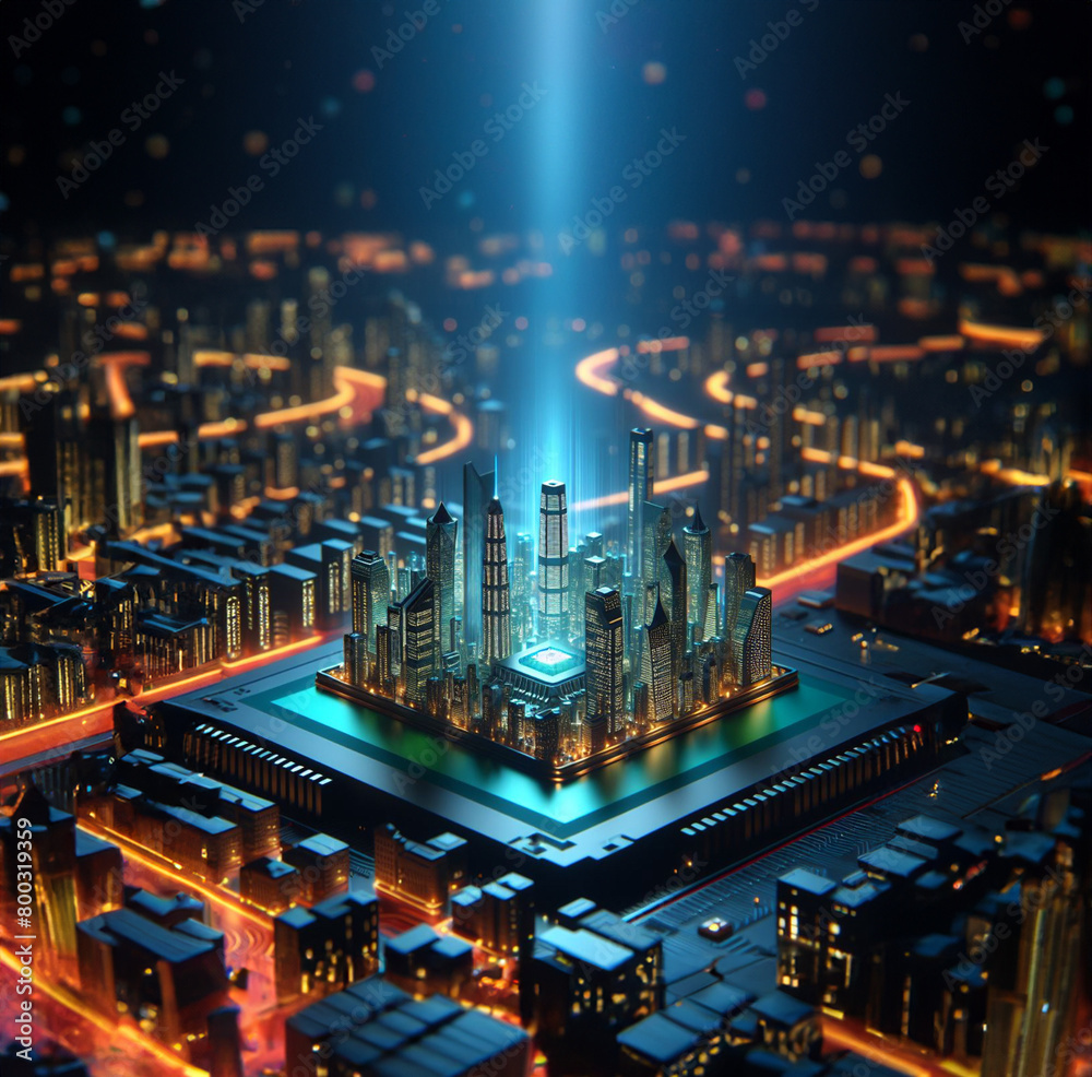 3D artificial intelligence chip designed like a miniature city at night with a faint galaxy or planet in the sky to enhance the space feel