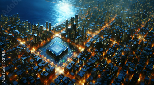 3D artificial intelligence chip designed like a miniature city at night