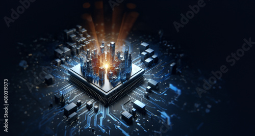 3D artificial intelligence chip designed like a miniature city at night with brighter building lights to enhance the nighttime effect