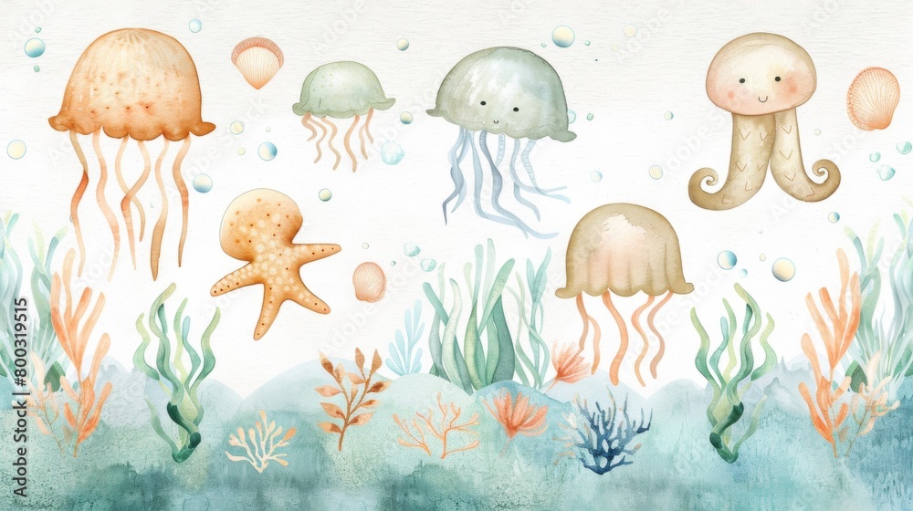 Fototapeta premium A watercolor painting of a group of sea creatures, including jellyfish, octopus, and starfish, swimming in a blue ocean. The mood of the painting is peaceful and serene.