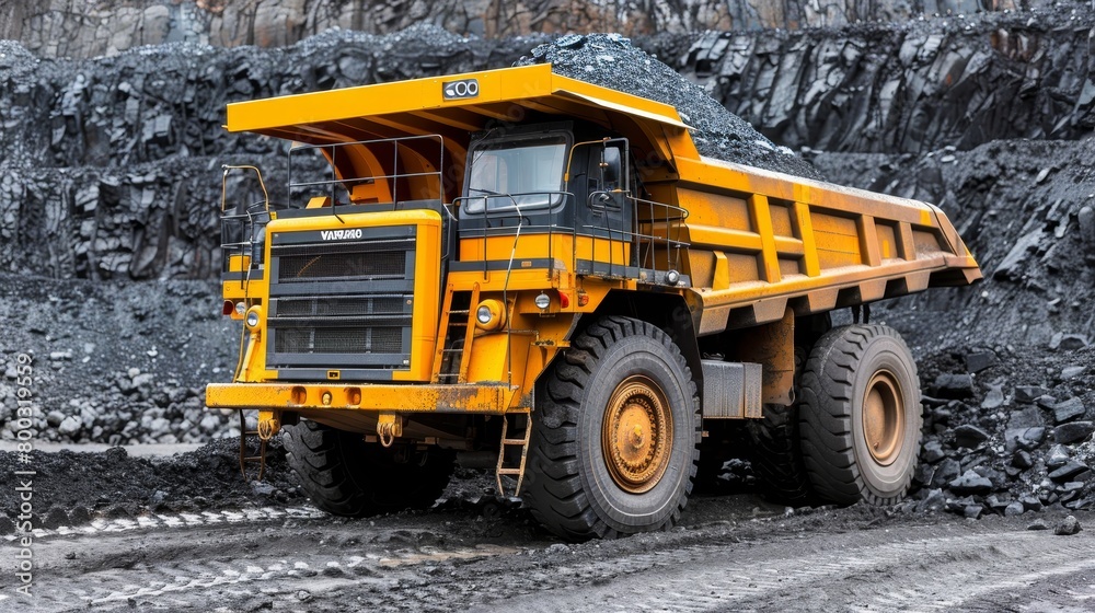 Massive yellow mining truck in operation at coal quarry within open pit mine site