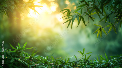 Serene bamboo garden at sunset, with the golden sun rays piercing through the vibrant green leaves creating a peaceful backdrop