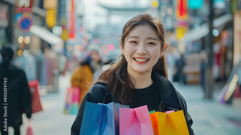 Vibrant Urban Shopping: Stylish Young Korean Woman Presenter with Colorful Bags in a Busling Vibrant Urban Shopping: Stylish Young Korean Woman Presenter with Colorful Bags in a Busling