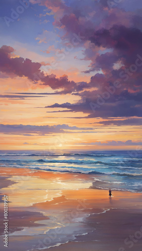 Twilight by the waves, Evening hues painting the beach with warmth.