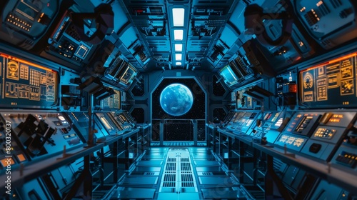 Sci-fi spaceship corridor with view of moon. Futuristic space travel concept for game and film environments photo