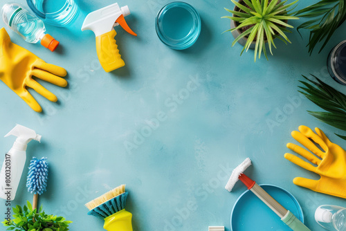 The image displays a variety of cleaning supplies fanned out on a textured blue surface, offering a sense of balance and space for copy