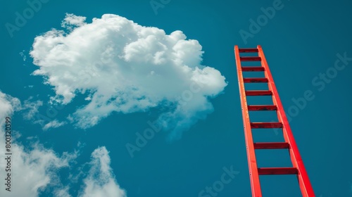 Red ladder reaching towards a fluffy white cloud in a blue sky