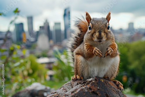 A Wild Squirrel's Observant Gaze Meets the City's Skyline, Marking Nature's Resurgence Amidst Urbanization and the Revival of Rural Communities © Rehan