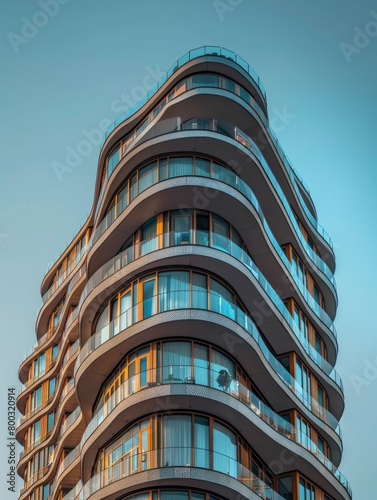 A tall residential building with curved balconies is captured from the ground, unique design and glass facade against a clear blue sky.
