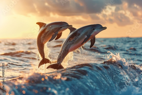 Swimming with dolphin,Beautiful bottlenose dolphins jumping out of sea with clear blue water on sunny day,Dolphin in the underwater world. Underwater dolphin. Dolphin underwater. Dolphin undersea © Sittipol 