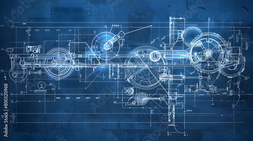 Blueprint Style Technical Drawing of a Complex Machine