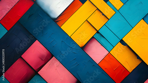 High-definition image of a colorful abstract pattern with bold squares and rectangles in primary colors, interwoven like pieces of a jigsaw puzzle, using advanced photographic techniques