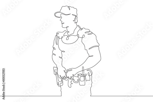 Police officer in uniform. Policemen on duty. Law enforcement.One continuous line . Line art. Minimal single line.White background. One line drawing. 