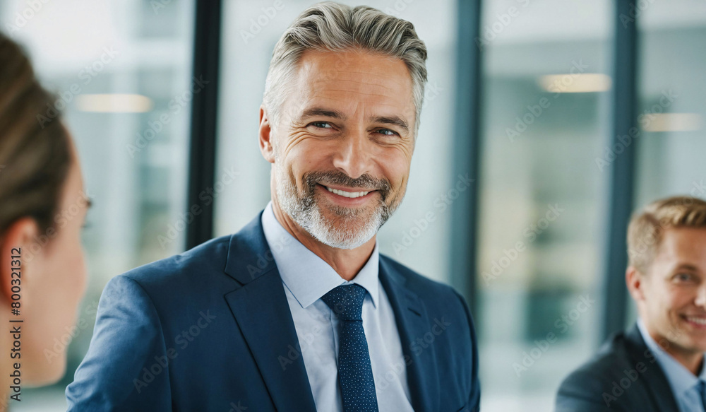 Portrait of a middle-aged businessman in formal attire in an office, AI-generated. Portrait of a middle-aged businessman in formal attire in an office, AI-generated.