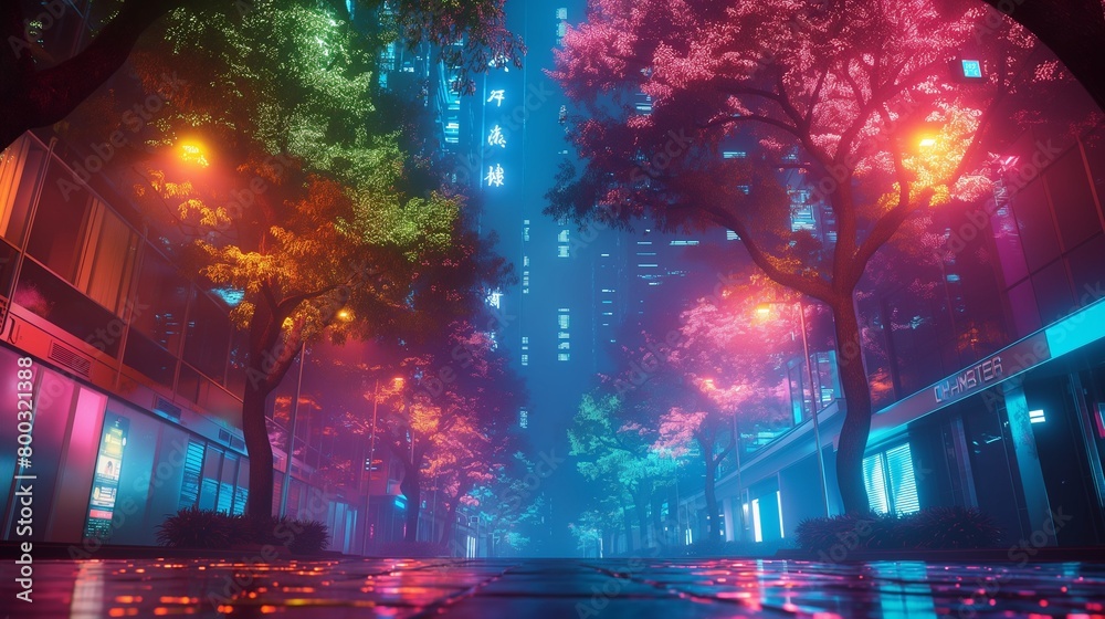 an empty street in the city with colorful lights and trees