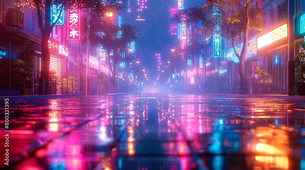 neon city at night reflected in water, and wet floors