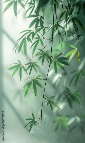 A close-up of a green bamboo pole hanging in the middle of the picture，The background features a soft white color with subtle textures that suggest natural elements like leaves or petals，Shadow of bam