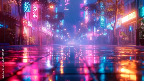neon city at night reflected in water, and wet floors