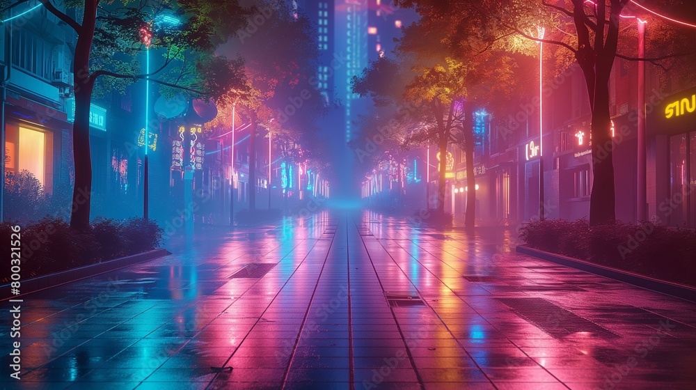 a city street lined with colorful light at night, the light is lit up