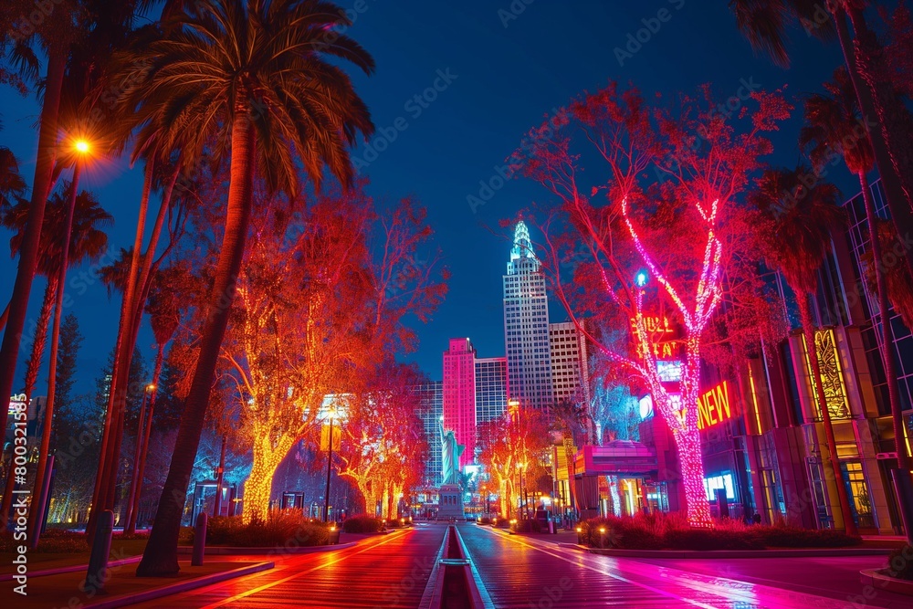 a city street with palm trees and bright lights on the buildings