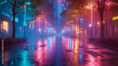 a city street lined with colorful light at night, the light is lit up