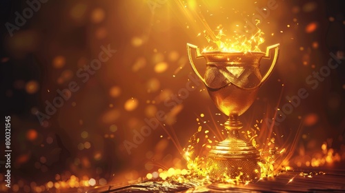 Golden trophy cup with radiant light against a sunset background. Success and victory concept.