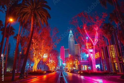 a city street with palm trees and bright lights on the buildings