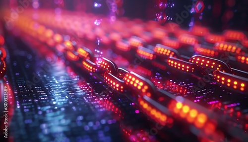 A glowing red and blue circuit board with binary code. photo