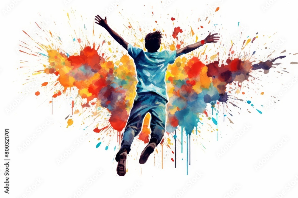 A boy jumps for joy as he is surrounded by a colorful explosion of paint. A boy jumps for joy as he is surrounded by a colorful explosion of paint.