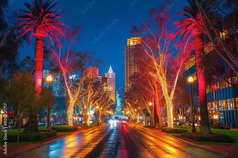 the lights shine on trees in a city park during night