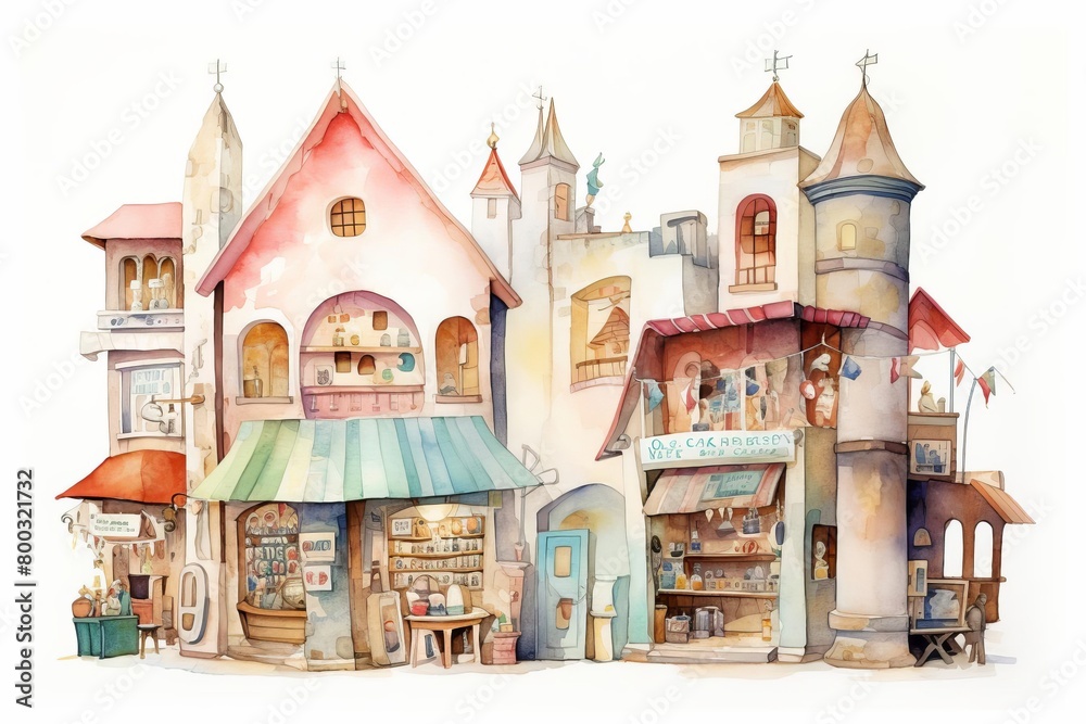 Obraz premium Create a watercolor painting of a European-style street with shops and cafes