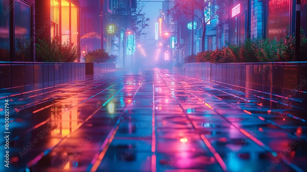 a wet street at night with neon lights and fog over the top