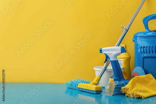 A colorful and organized display of cleaning supplies, such as brushes and detergents, against a contrasting blue and yellow background