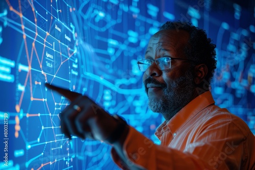 Digital mockup afro-american man in his 50s in front of a interactive digital board with an entirely blue screen