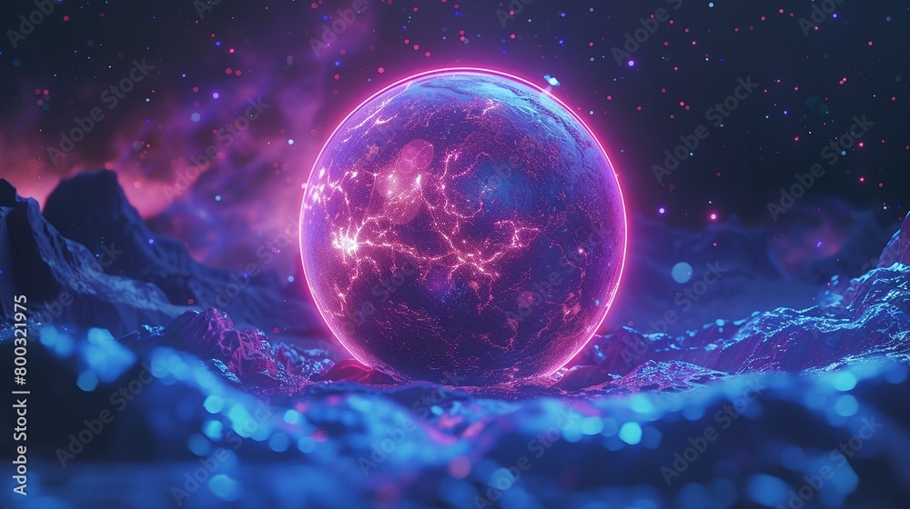 3D glowing neon sphere, rotating particles.