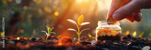 A symbolic representation of financial growth with a hand saving coins in a jar surrounded by sprouting plants in sunlight photo