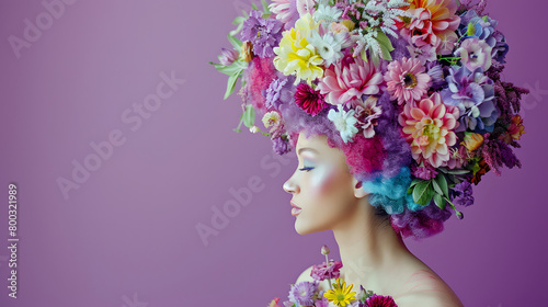 woman with colorful hair and floral hair in a purple background © john