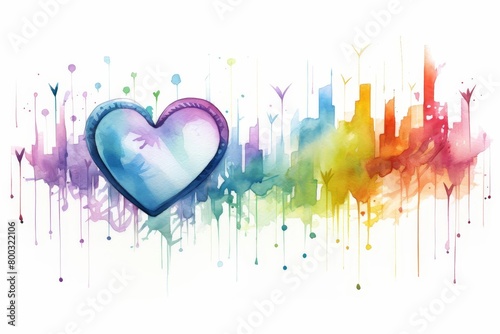 An abstract watercolor painting of a heart with a cityscape in the background
