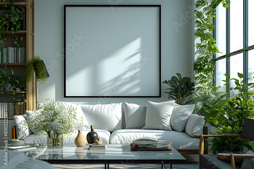 Scandinavian apartement livingroom in the afternoon with furniture,modern white sofa ,green plants,white walls,with interior mockup with one white photo frame in the background