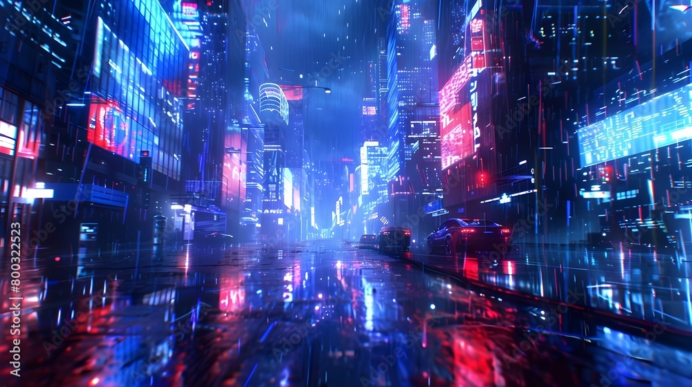 Neon-Lit City with Futuristic Digital Atmosphere and Glowing Algorithmic Patterns