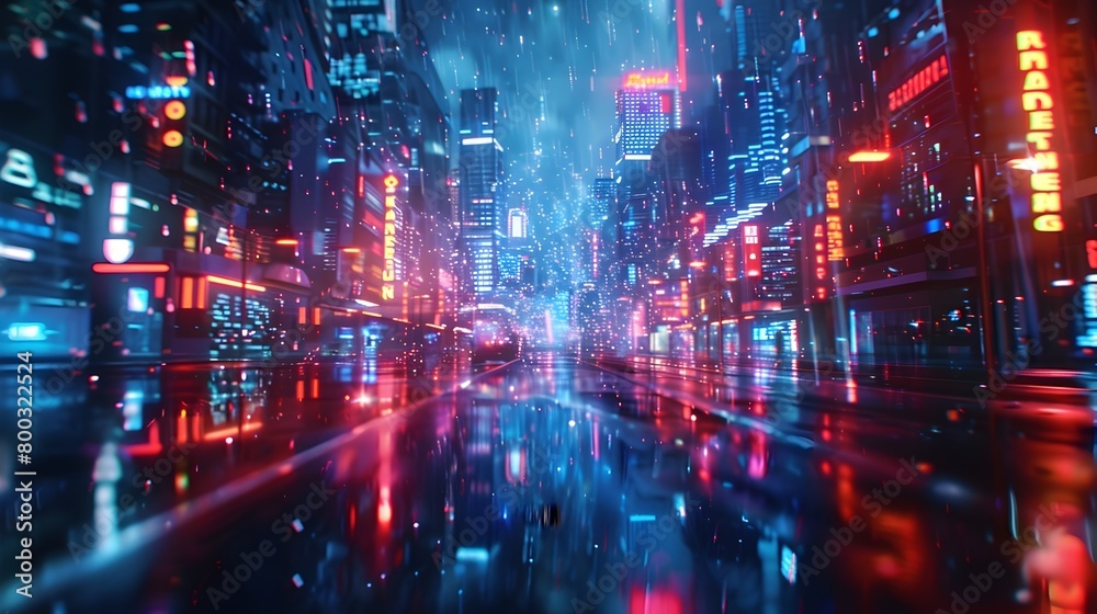 Dazzling Metropolis:Neon-Bathed Streets Reflecting Urban Vibrancy and Technological Prowess