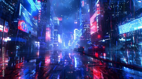 Neon-Lit City with Futuristic Digital Atmosphere and Glowing Algorithmic Patterns © pkproject