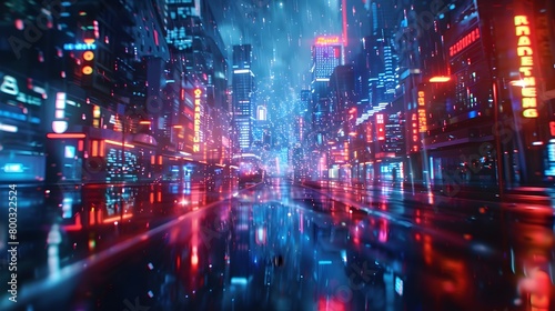 Dazzling Metropolis Neon-Bathed Streets Reflecting Urban Vibrancy and Technological Prowess