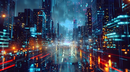 Neon-Soaked Cityscape Futuristic Holographic Quantum Landscape Reflecting Urban Dynamism