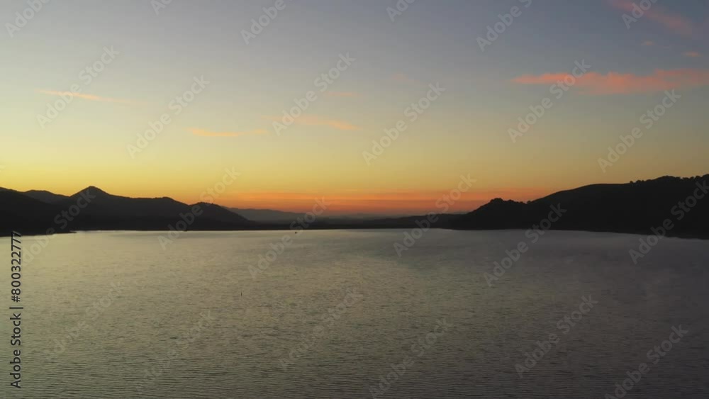 Stunning Sunset Over Cachuma Lake In Santa Ynez Valley, California. drone shot