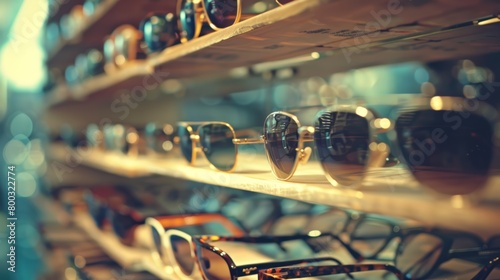 Various sunglasses and eyeglasses on display shelves in store with blurred background. photo